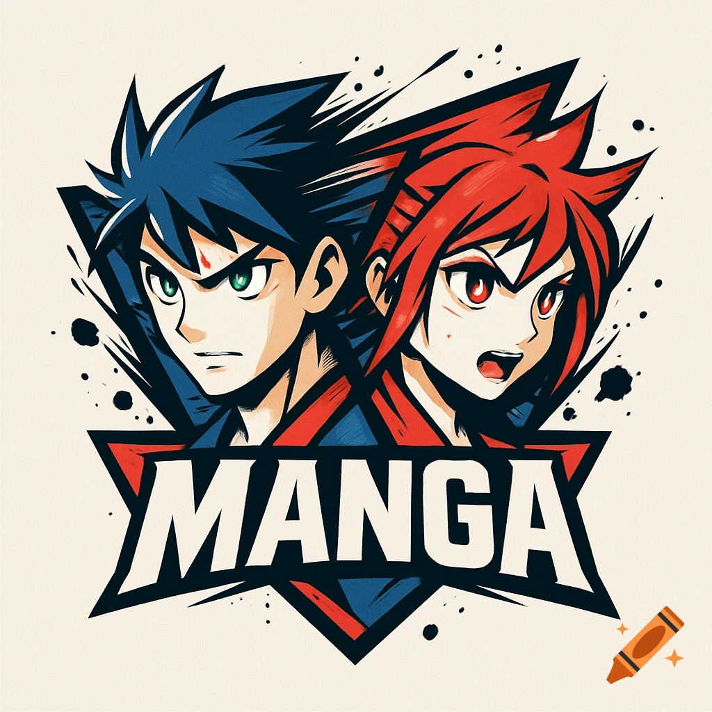 A bold logo featuring two stylized anime characters, a blue-haired boy and a red-haired girl, above the word 'MANGA' in a star emblem.