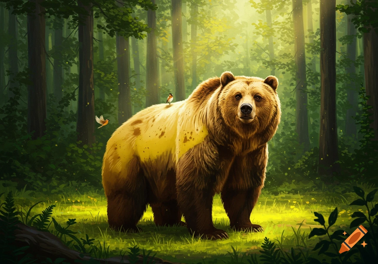 A brown grizzly bear with a distinct yellow patch on its back stands in a sunlit forest, with two small birds nearby.