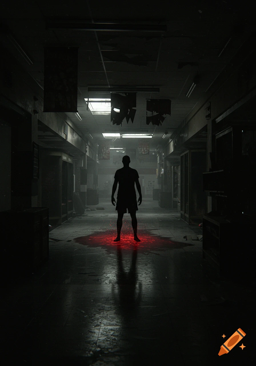 A dark, abandoned mall hallway with a silhouetted figure standing in a pool of glowing red liquid.
