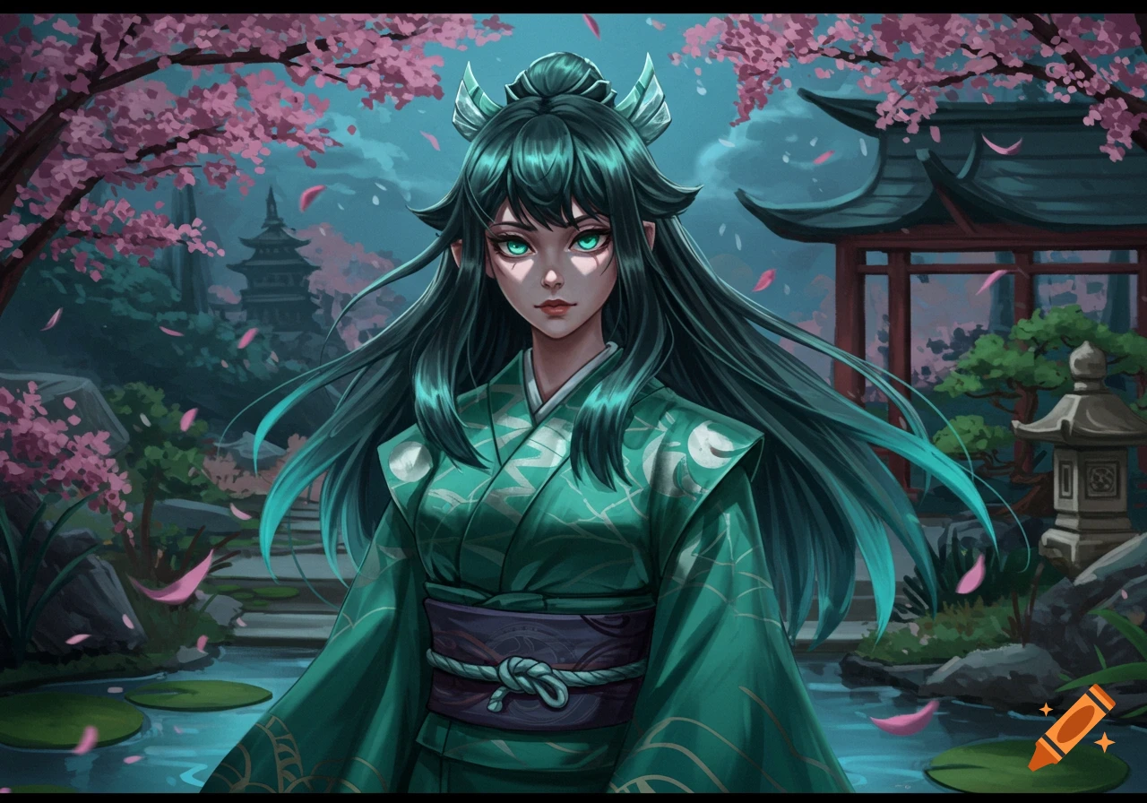 A female character with long teal hair and glowing green eyes wears a green kimono in a Japanese garden with cherry blossoms and a pagoda.