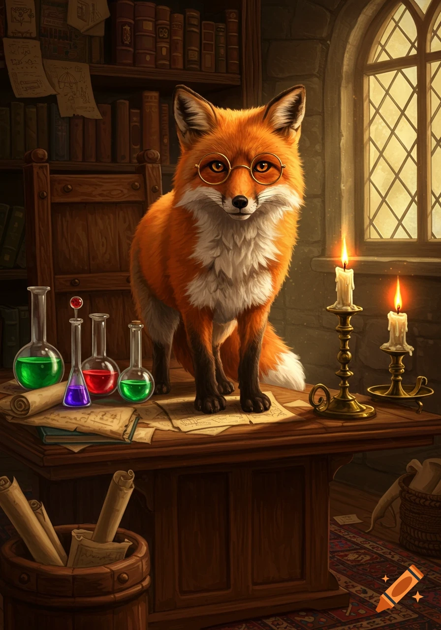 A scholarly fox with round glasses stands on a wooden desk among colorful beakers, scrolls, and lit candles in a dimly lit study with bookshelves and a window.
