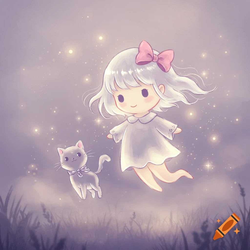 Cute anime-style cartoon girl ghost with a pink bow and a gray cat floating in an ethereal, glowing field.