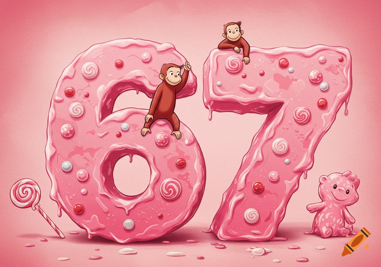 Curious George sits on large pink frosted numbers 6 and 7 with candies, a lollipop, and a gummy bear in a cartoon style.