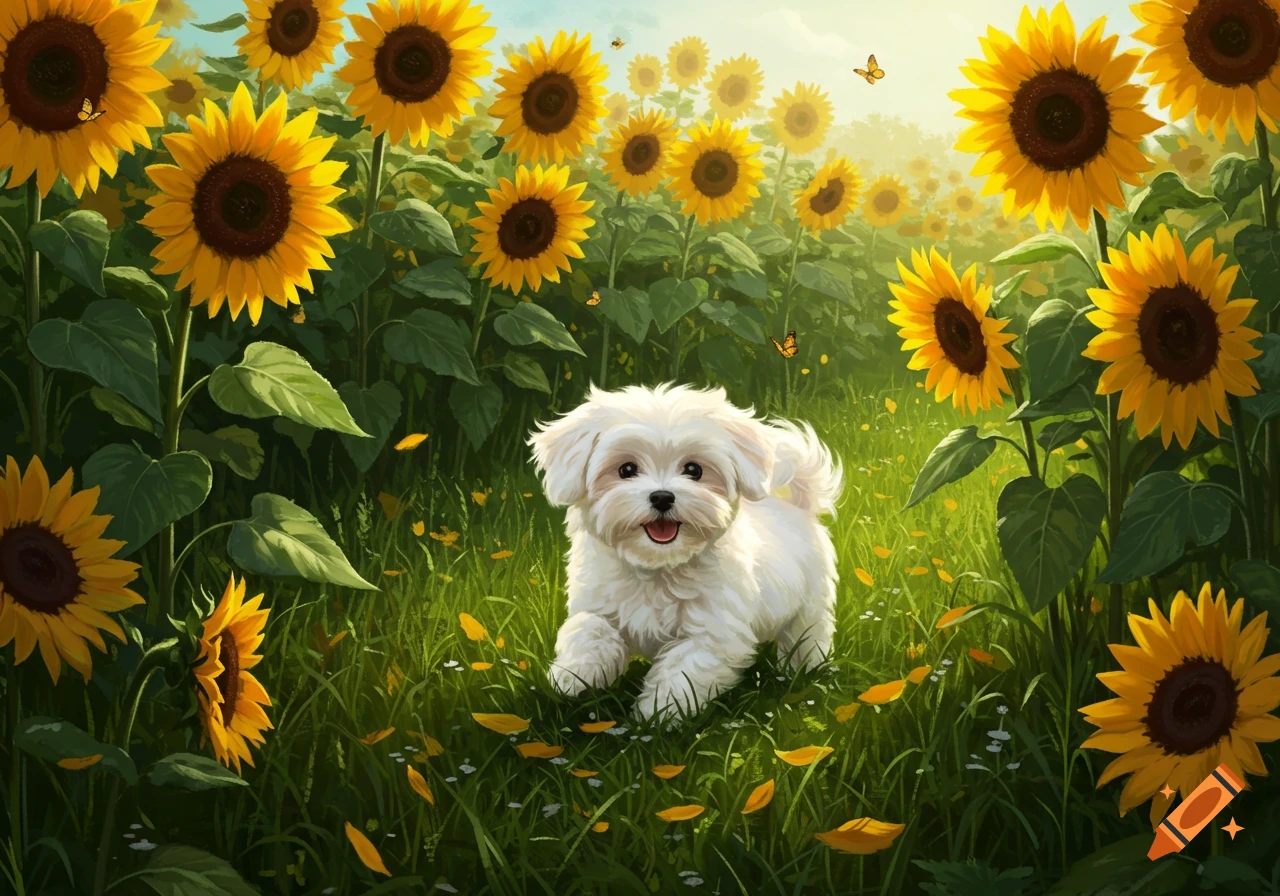 A happy white Maltese puppy runs through a vibrant green field filled with bright yellow sunflowers in the morning light.