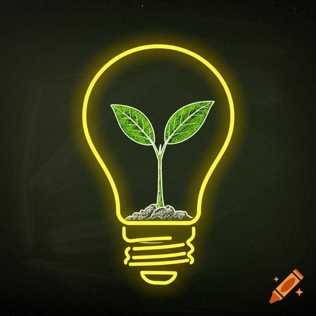 Neon yellow lightbulb outline with a green plant growing inside, styled as a chalk drawing on a dark background.