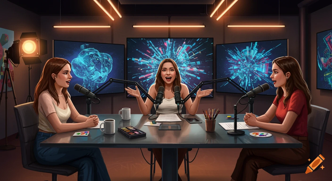 Three women hosting a podcast in a modern studio with abstract screens behind them.