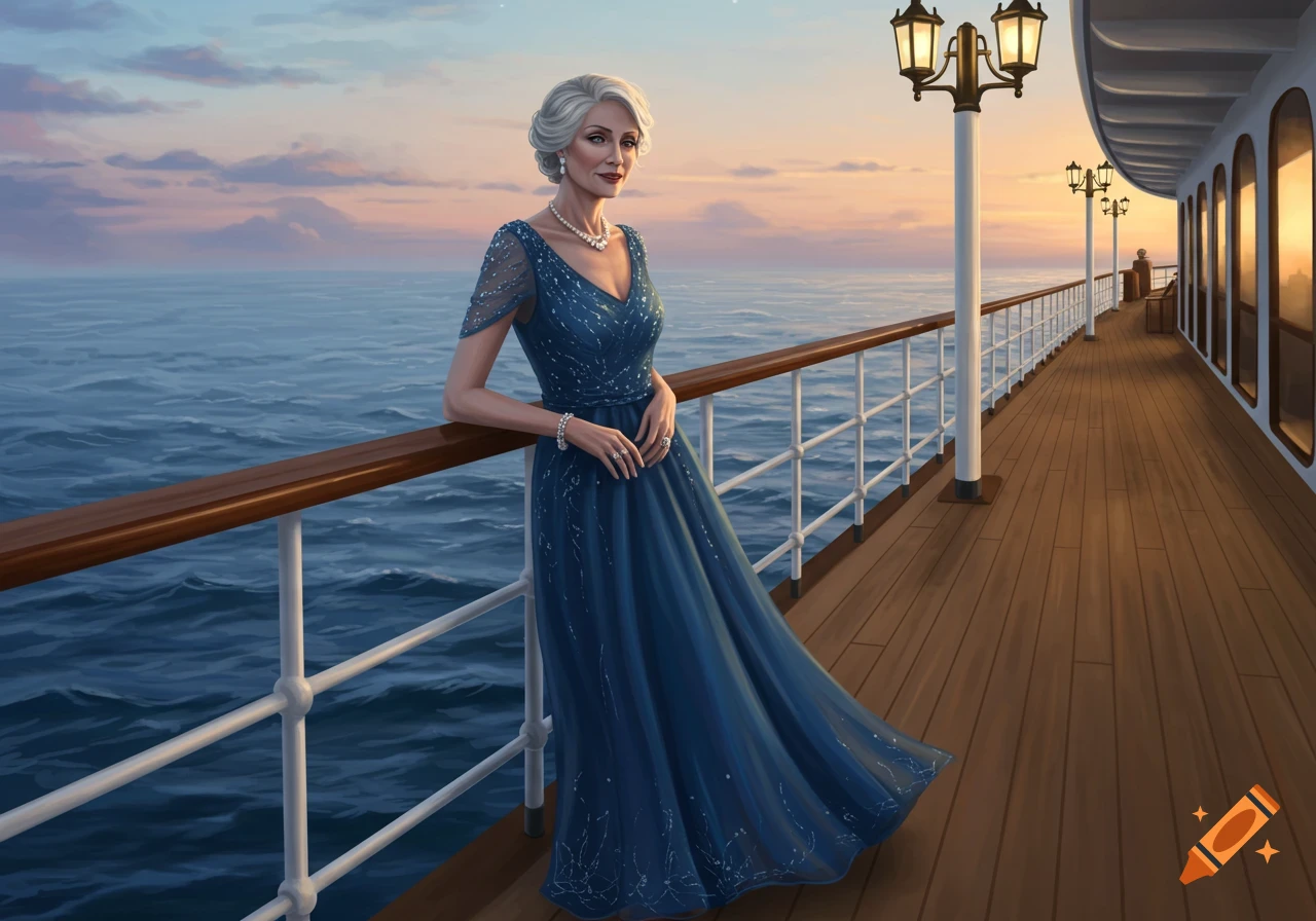 An elegant older woman in a blue gown leans on a cruise ship railing at sunset, overlooking the ocean. Painting.