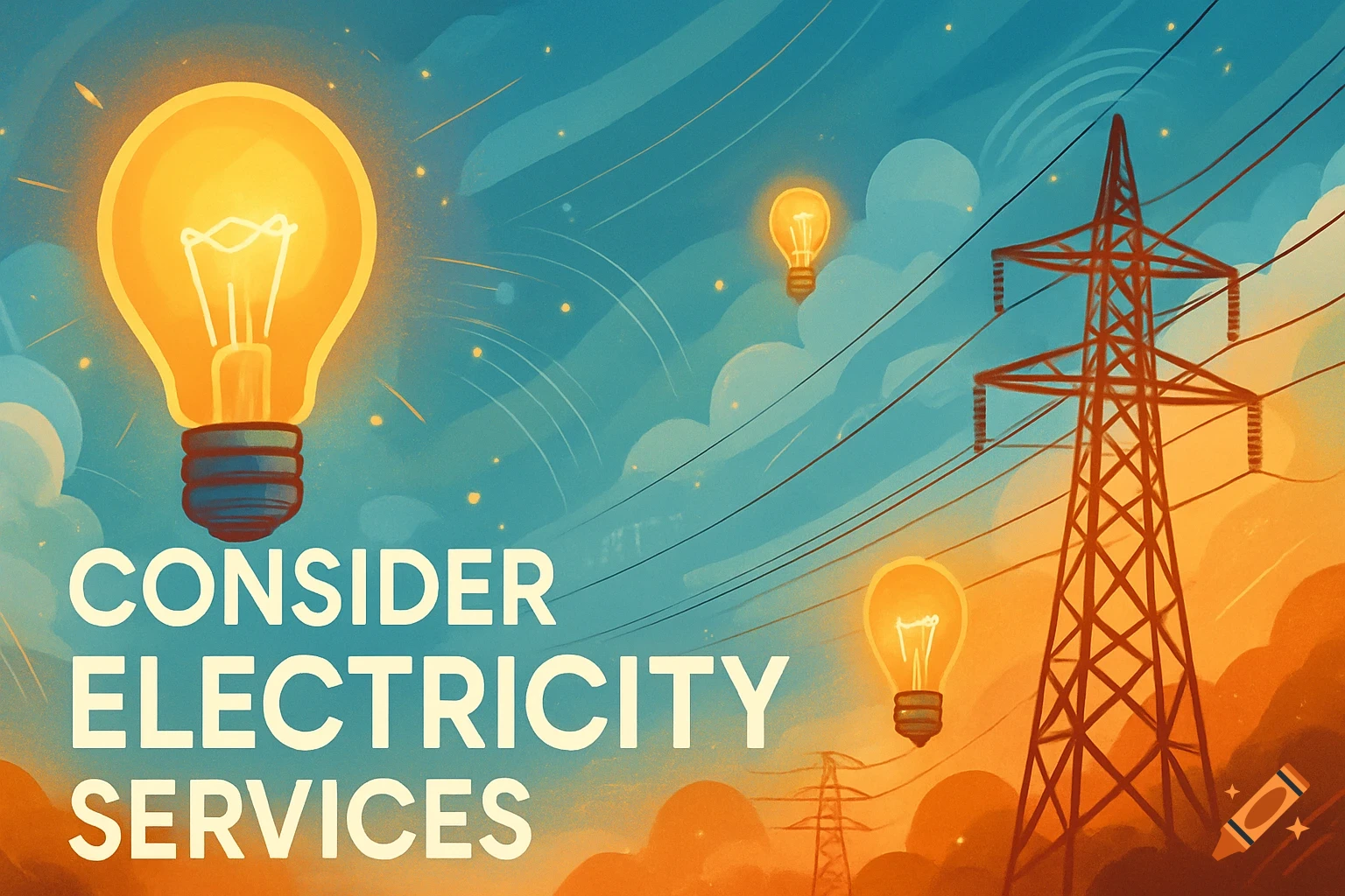 Stylized illustration of lightbulbs and power lines against a sky, with text 'CONSIDER ELECTRICITY SERVICES'.