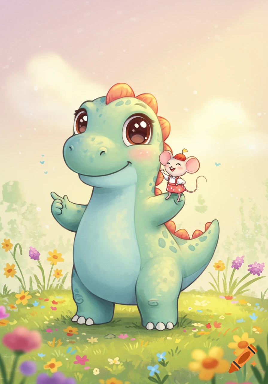 A cute green cartoon dinosaur points at itself in a flower field, with a small mouse in a red hat waving from its shoulder.
