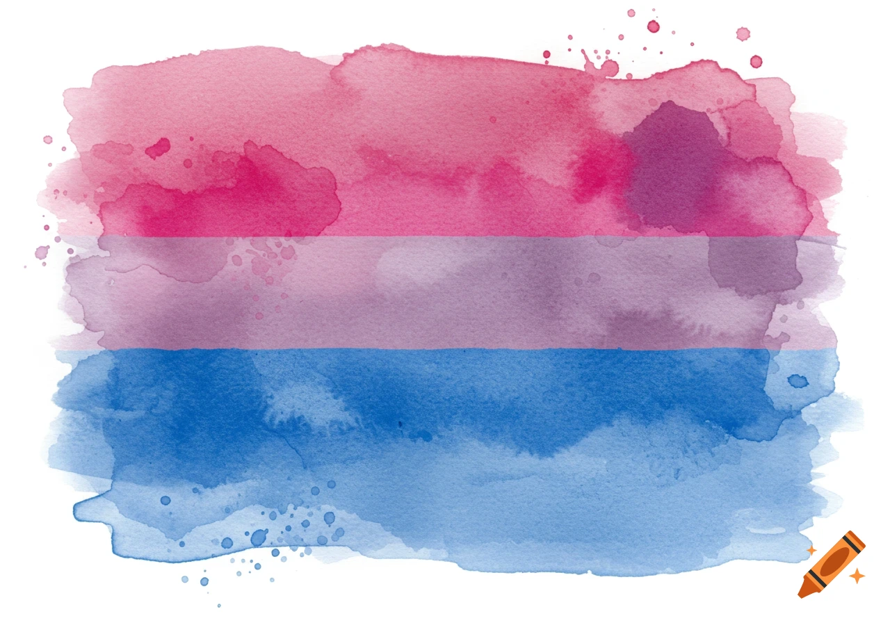 A watercolor painting of the bisexual pride flag, featuring horizontal stripes of pink, purple, and blue with paint splatters.