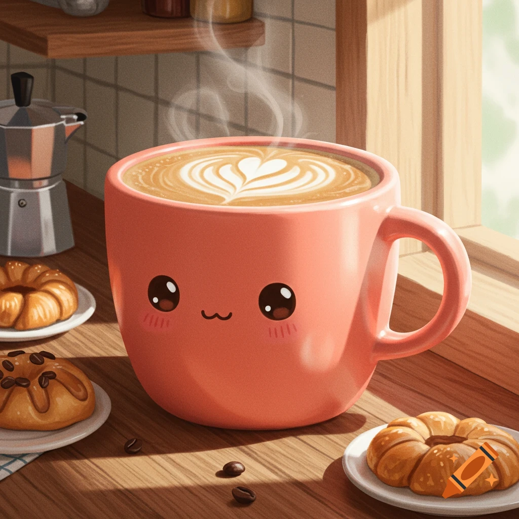 Charming illustration of a steaming pink coffee mug with a cute face and heart latte art, surrounded by pastries on a wooden table.