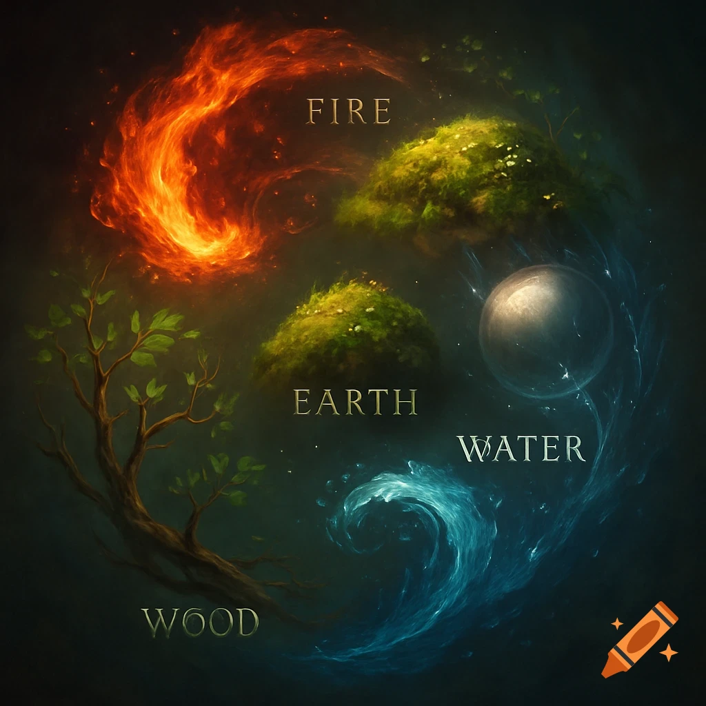 Fantasy illustration depicting fire, earth, water, and wood elements swirling in a dark, ethereal space with their names labeled.