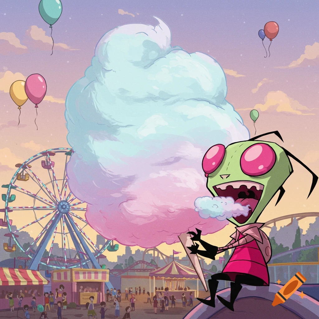 Cartoon Invader Zim happily eating a large pastel pink and blue cotton candy at a busy carnival with a Ferris wheel.