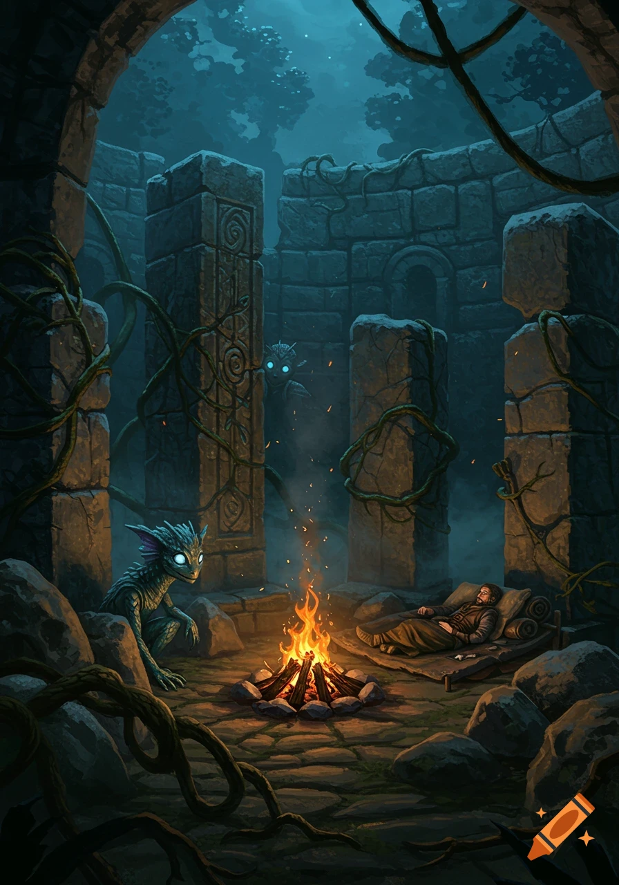 A glowing-eyed mythical creature watches a traveler sleeping by a campfire in a dark fantasy ruin.