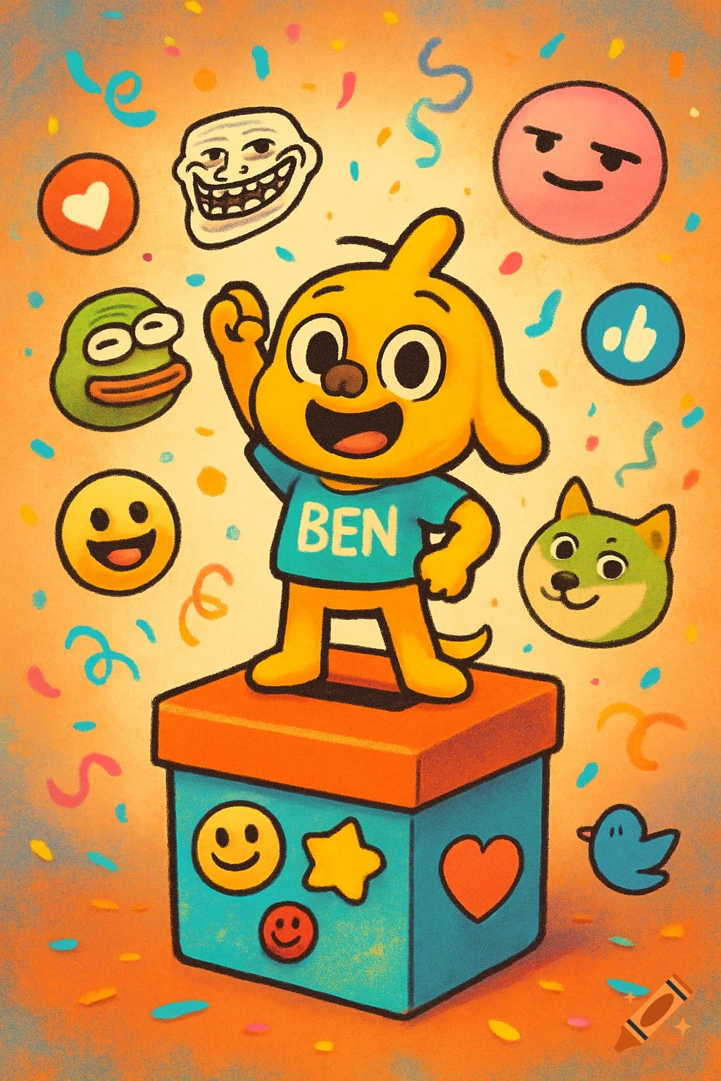 A cute cartoon yellow dog-like character in a blue 'BEN' shirt, standing on a box, surrounded by confetti, memes, and emojis.