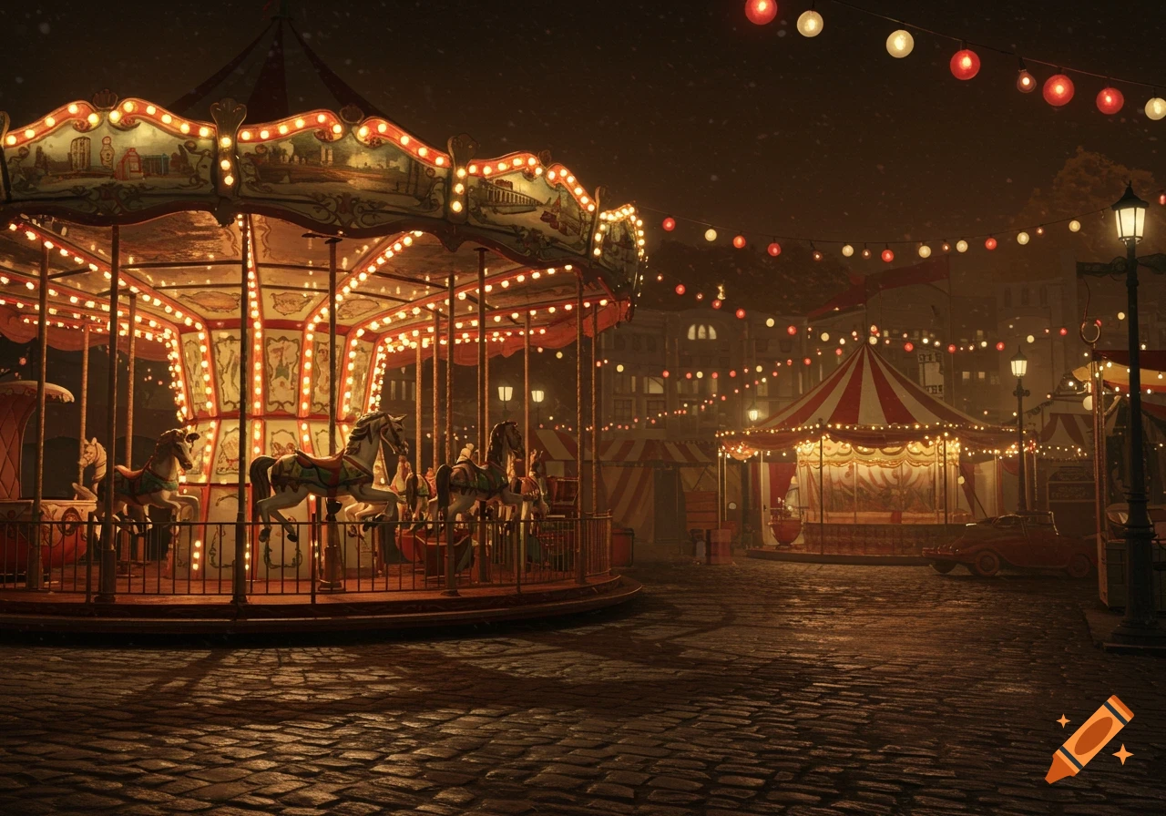 A brightly lit vintage fairground at night, featuring a carousel, circus tents, and string lights on a cobbled street.
