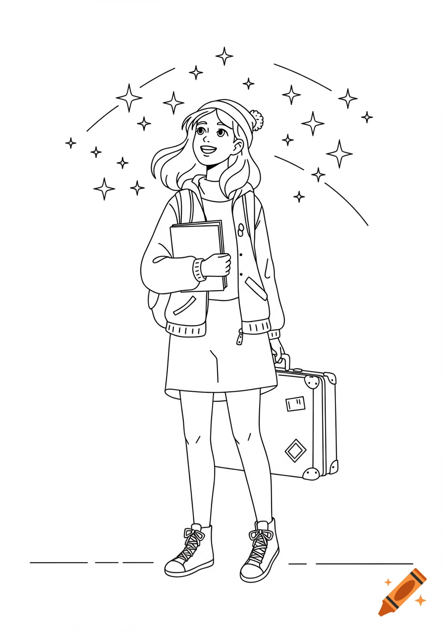 Line art coloring page of a happy young woman holding a book and a suitcase, with stars above her.