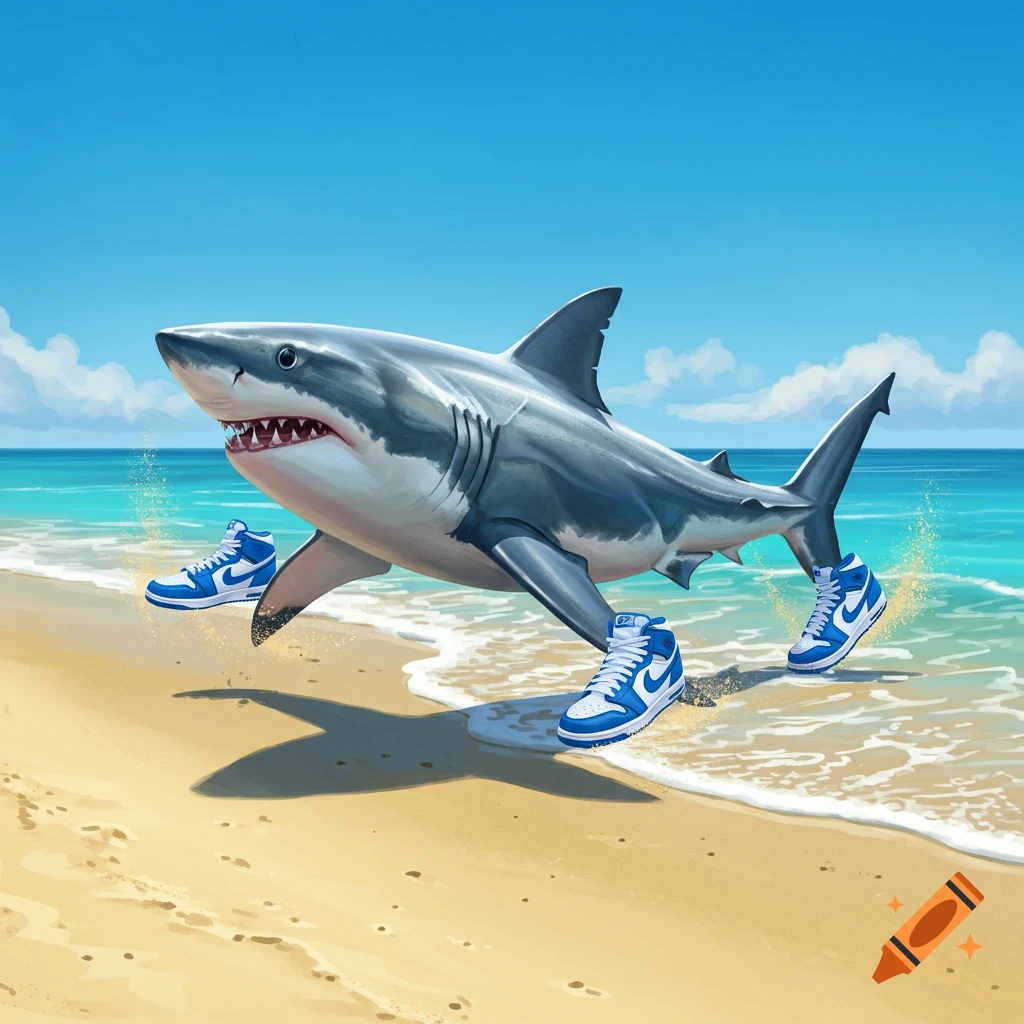 A cartoon great white shark wearing blue and white sneakers walks on a sandy beach next to the ocean.