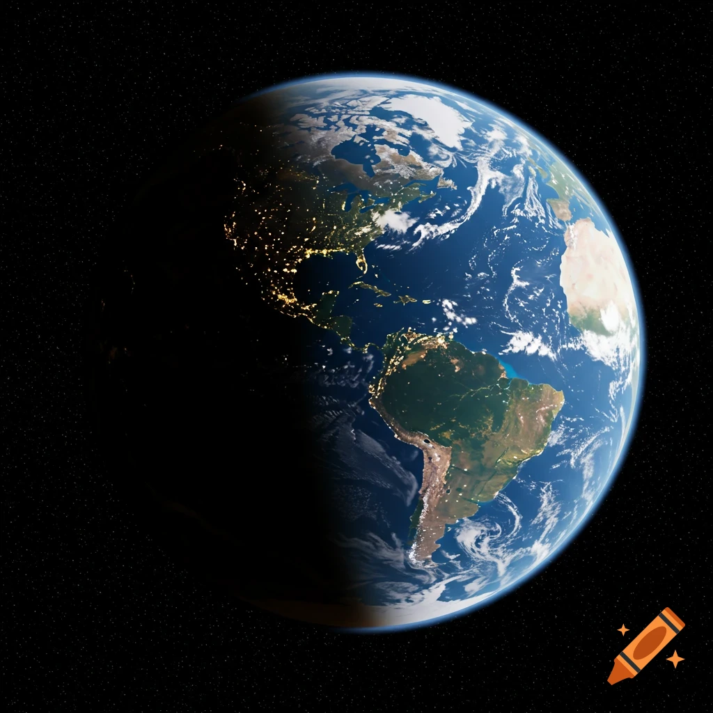 A detailed view of Earth from space, with daylight on the right and city lights illuminating the night side on the left.