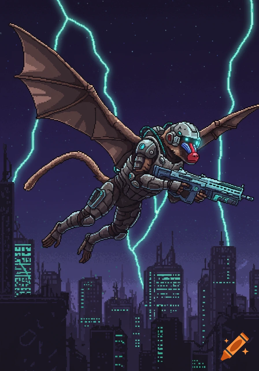 Pixel art of a winged baboon in futuristic armor, holding a rifle, flying over a cyberpunk city with lightning.