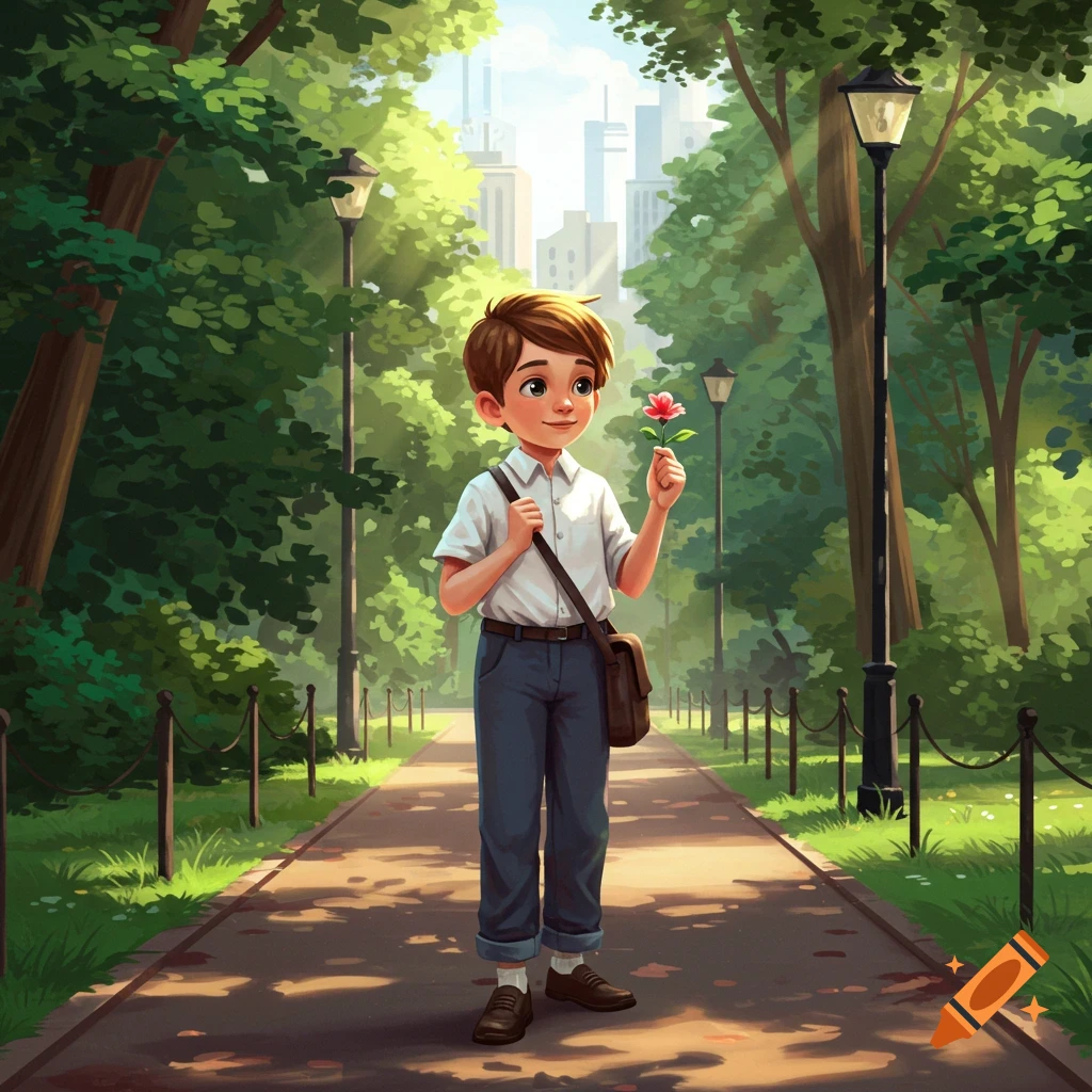 An animated boy holding a red flower walks on a paved path in a lush green park, with city buildings in the background.