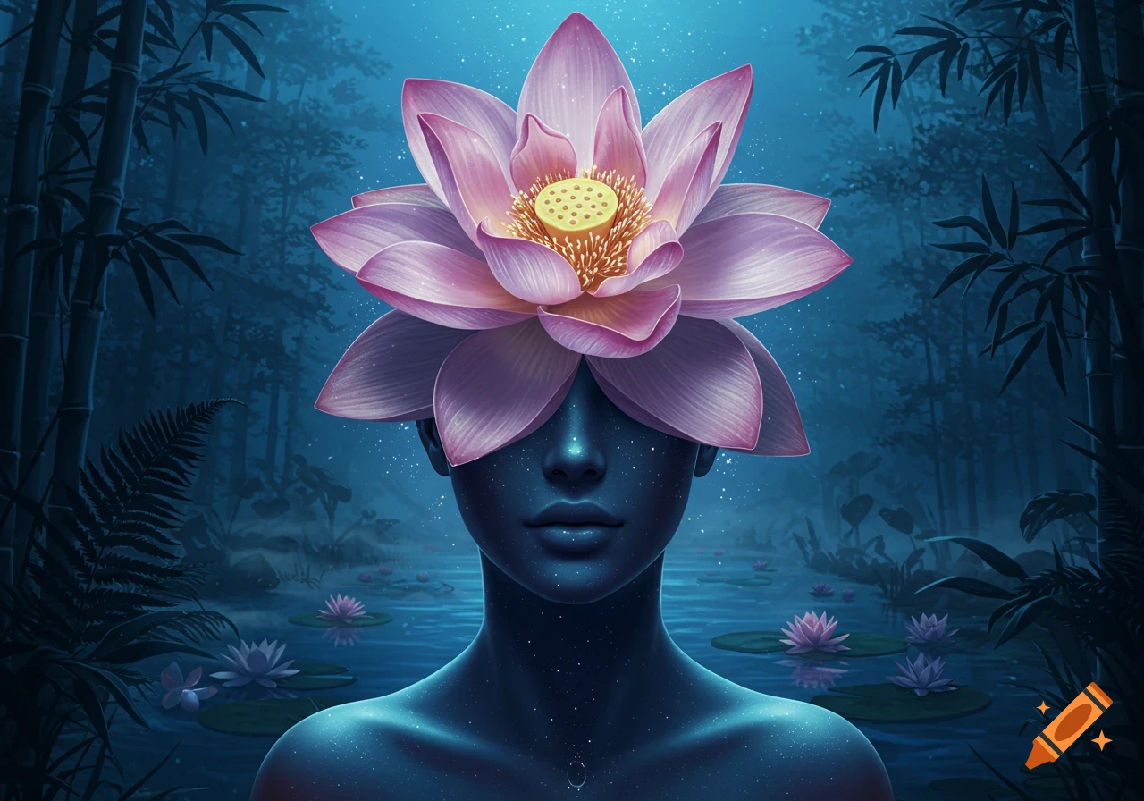 A stylized person with dark blue, glowing skin and a large pink lotus flower for a head stands in a mystical, blue-toned forest with bamboo and lily pads.