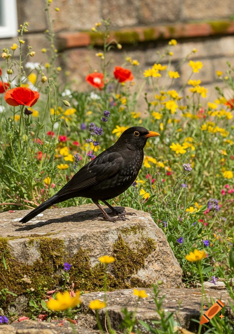 A photorealistic image of a blackbird with a yellow beak standing on a mossy rock amidst colorful wildflowers in a garden.
