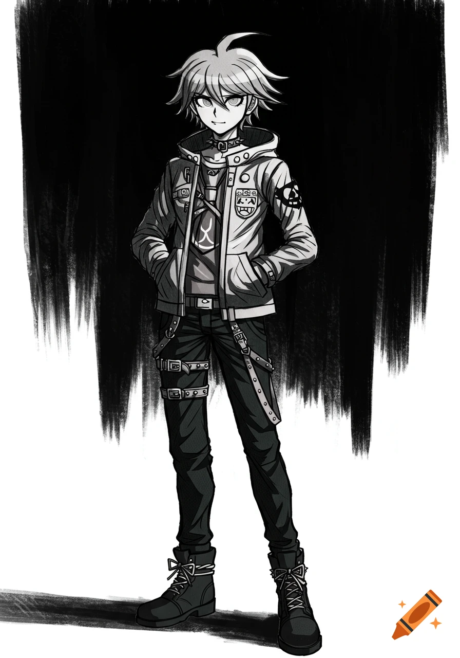 A full-body, grayscale anime sketch of a young man with spiky hair, wearing a hoodie, punk-style pants with straps and buckles, and combat boots, against a dark, textured background.