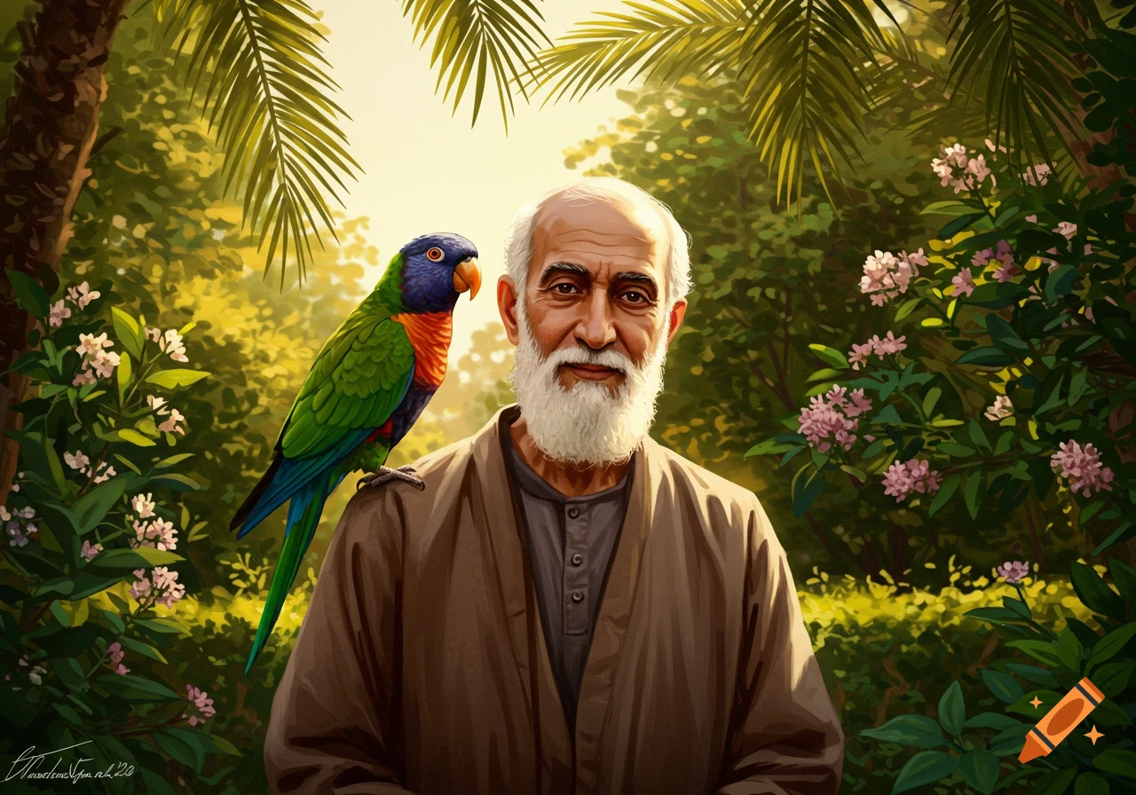 Illustrated portrait of a smiling older man with a white beard, a colorful parrot on his shoulder, in a lush green jungle.