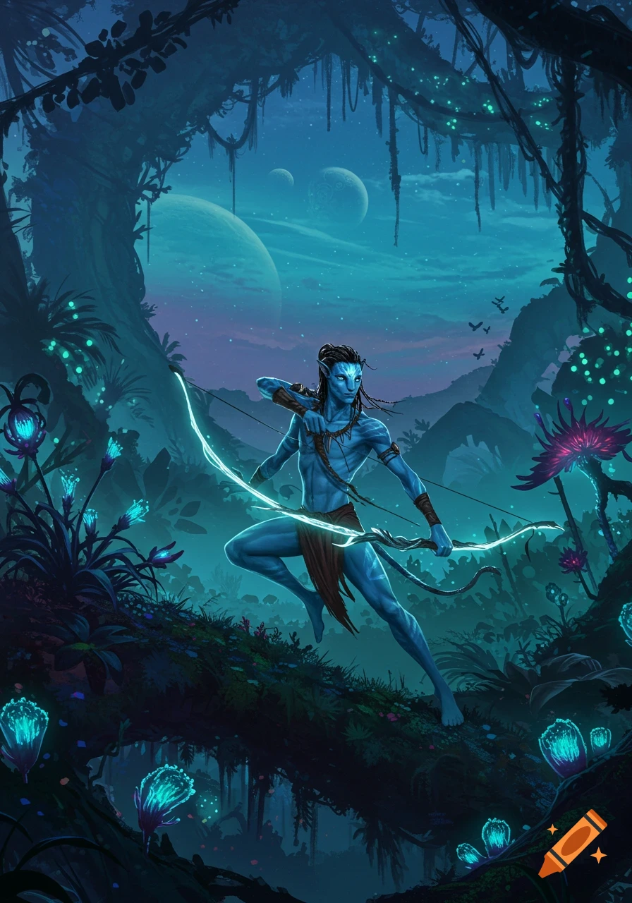 A blue Na'vi archer in a bioluminescent jungle, holding a glowing bow under planets in a night sky, digital art.