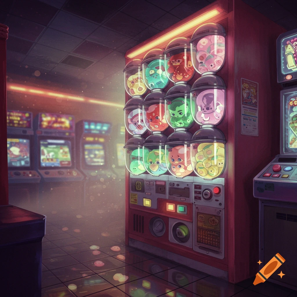A dimly lit arcade features a red gashapon machine filled with capsules containing colorful, cute creatures, with blurred arcade games in the background.