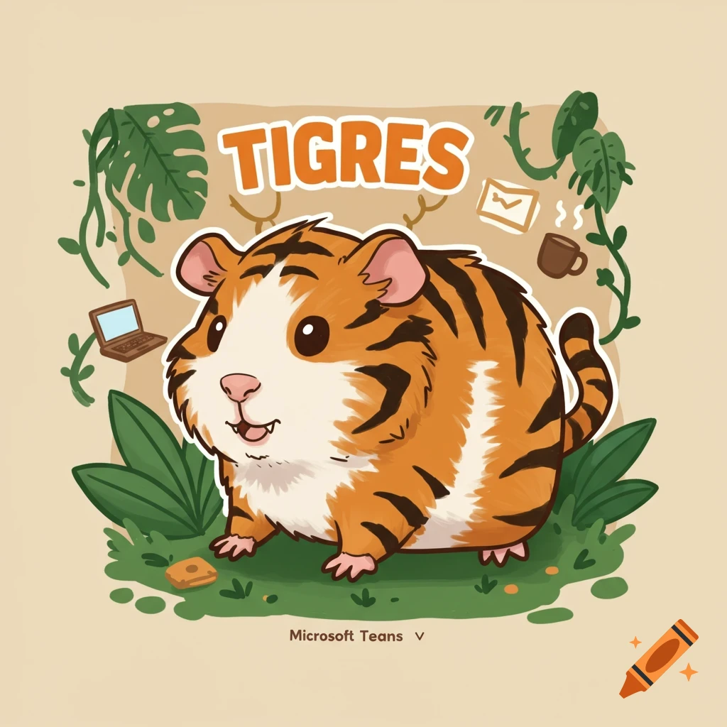 A cute cartoon guinea pig with tiger stripes sits among green leaves. Above it, the word "TIGRES" in orange and white. Small icons of a laptop, an envelope, and a coffee cup are also present. Text at bottom reads "Microsoft Teans V".