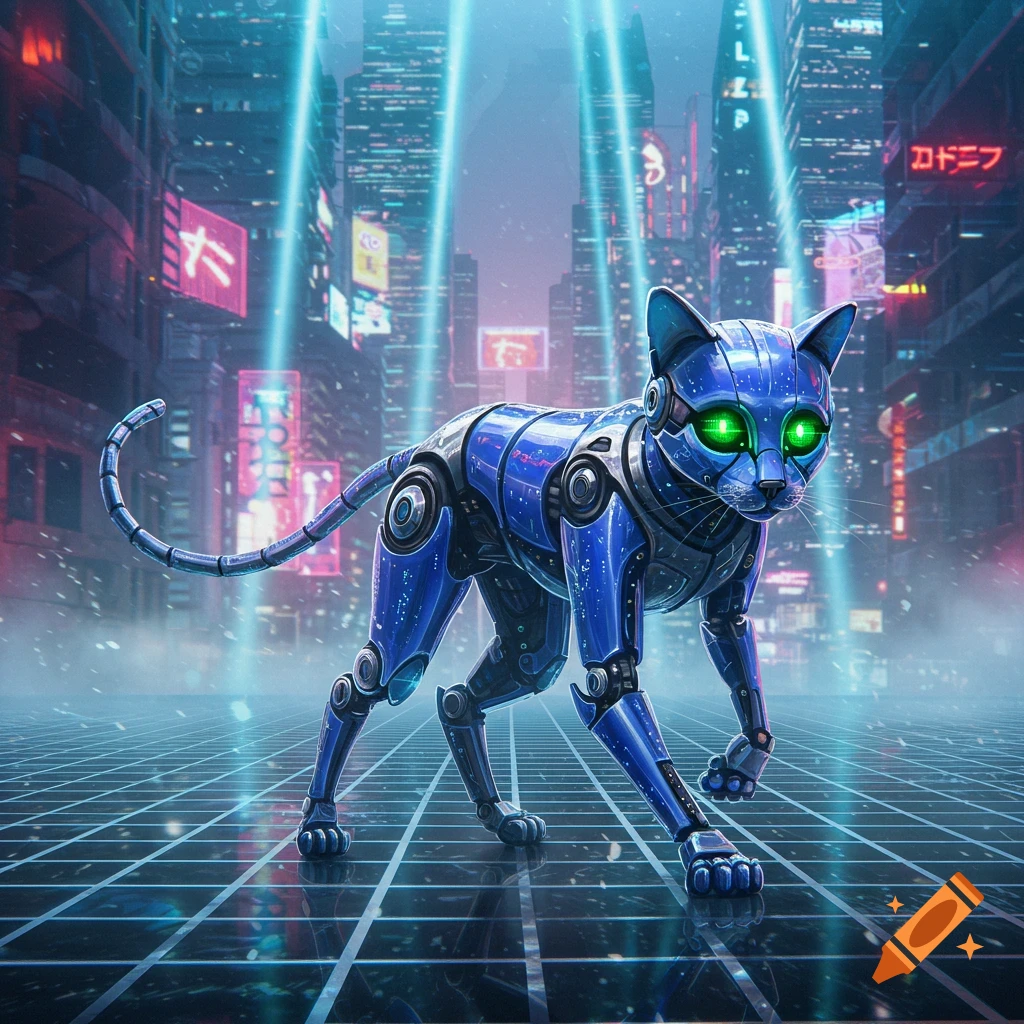 A blue robotic cat with glowing green eyes walks across a futuristic grid floor in a neon-lit cyberpunk city.