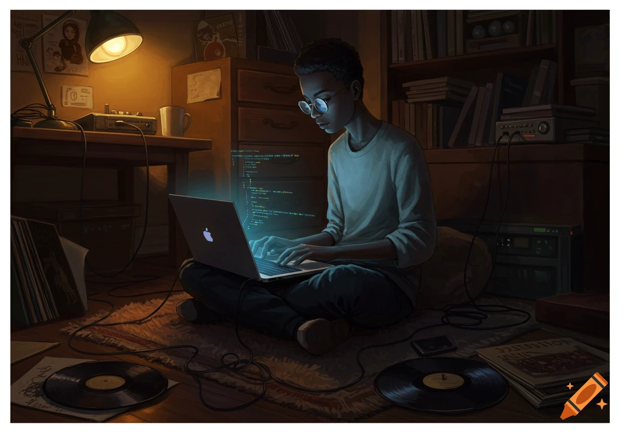 An illustrated young man with glasses sits cross-legged on a rug, coding on a glowing laptop in a dimly lit, cozy room filled with records and books.