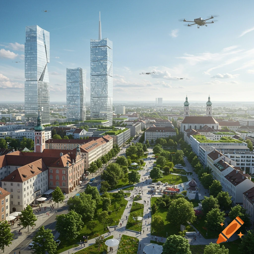 Photorealistic aerial view of a futuristic city with modern skyscrapers, traditional buildings, a park, and drones flying under a bright sky.