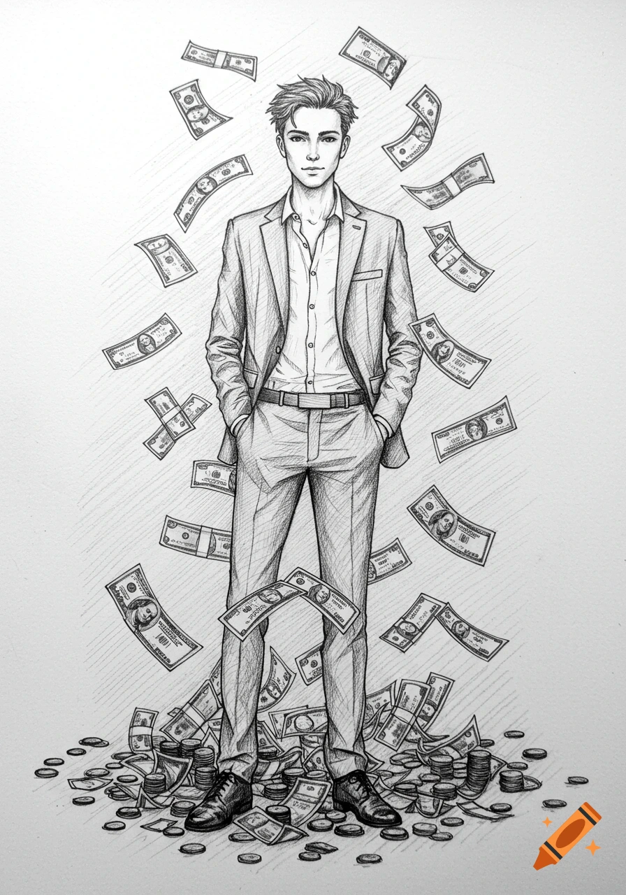 Pencil drawing of a young man in a suit with money falling around him and piled at his feet.