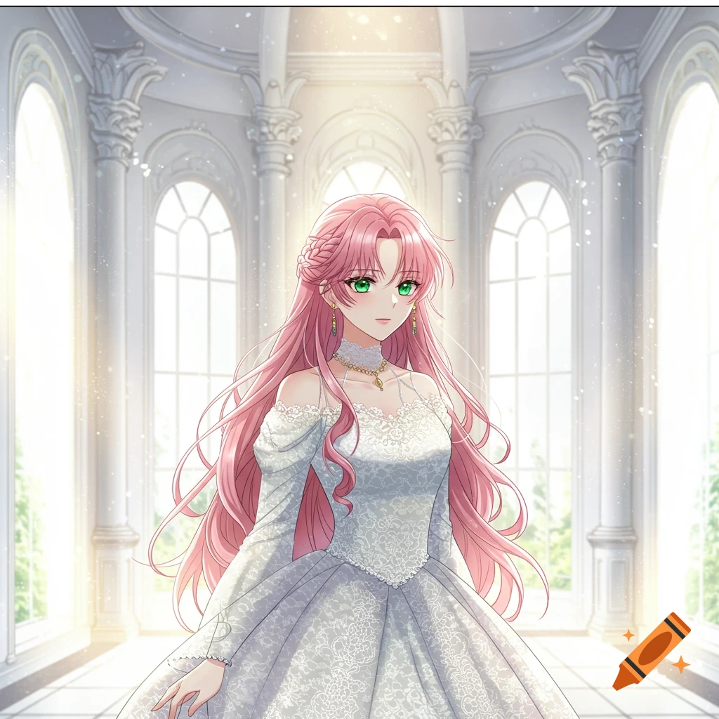 An anime princess with long pink hair and green eyes in a white wedding gown, standing in a grand palace hall with sunlight streaming through windows.