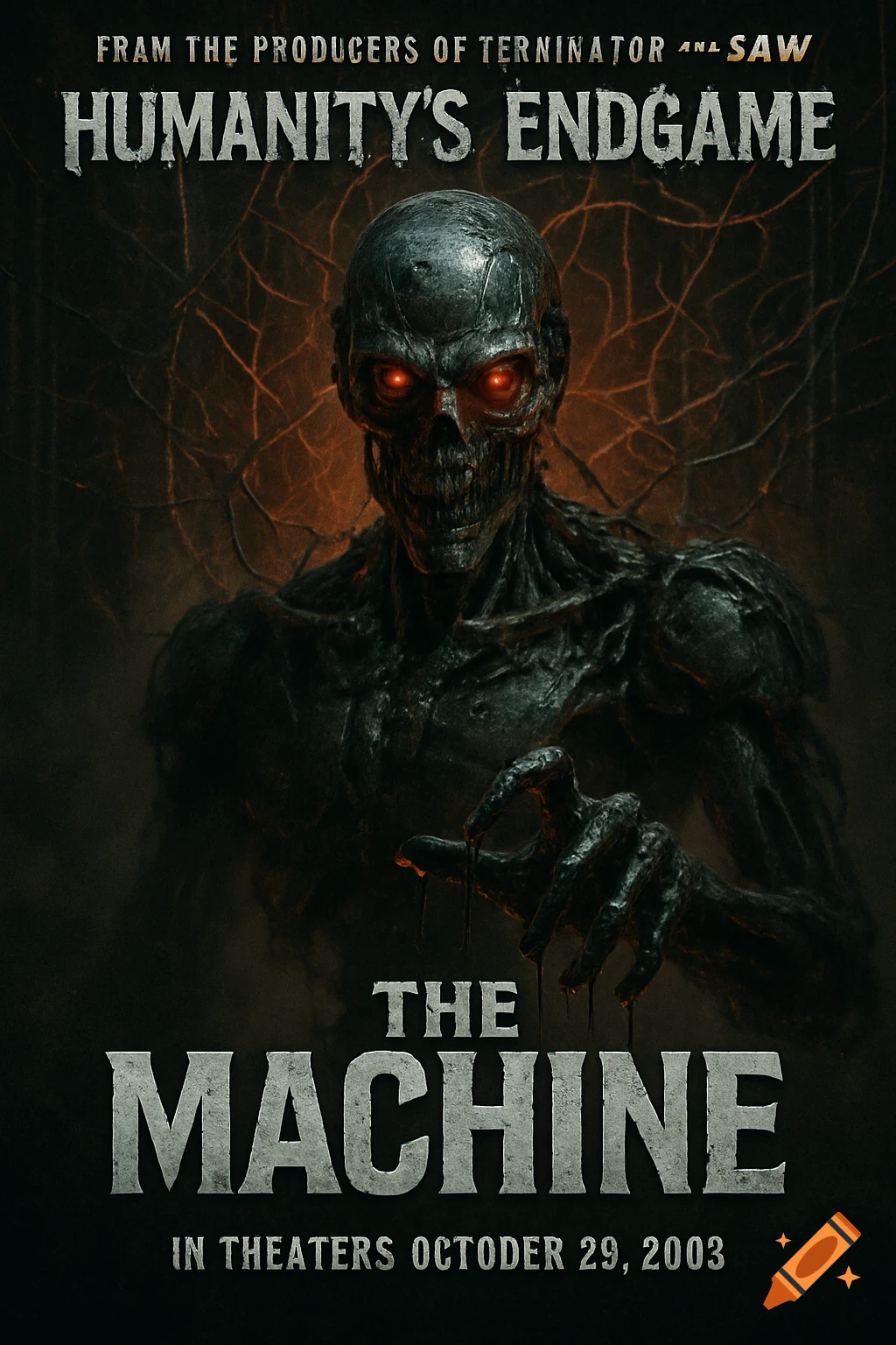A dark, menacing movie poster featuring a skeletal, mechanical figure with glowing red eyes, reaching forward. Text reads "HUMANITY'S ENDGAME" and "THE MACHINE".