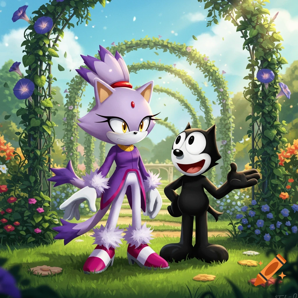 Blaze the Cat and Felix the Cat stand in a lush garden with vine-covered archways, rendered in a bright cartoon art style.