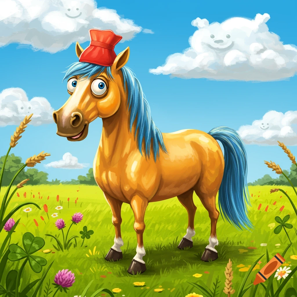 A whimsical cartoon horse with a red hat and blue mane stands in a vibrant green field under a blue sky with smiling clouds.
