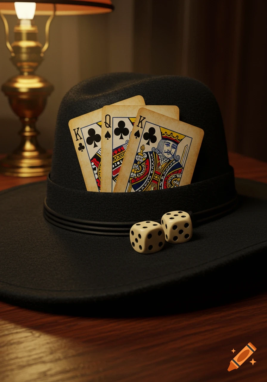 A black fedora hat with three playing cards (K, Q, K) and two white dice on its brim, beside a brass lamp. Photorealistic.