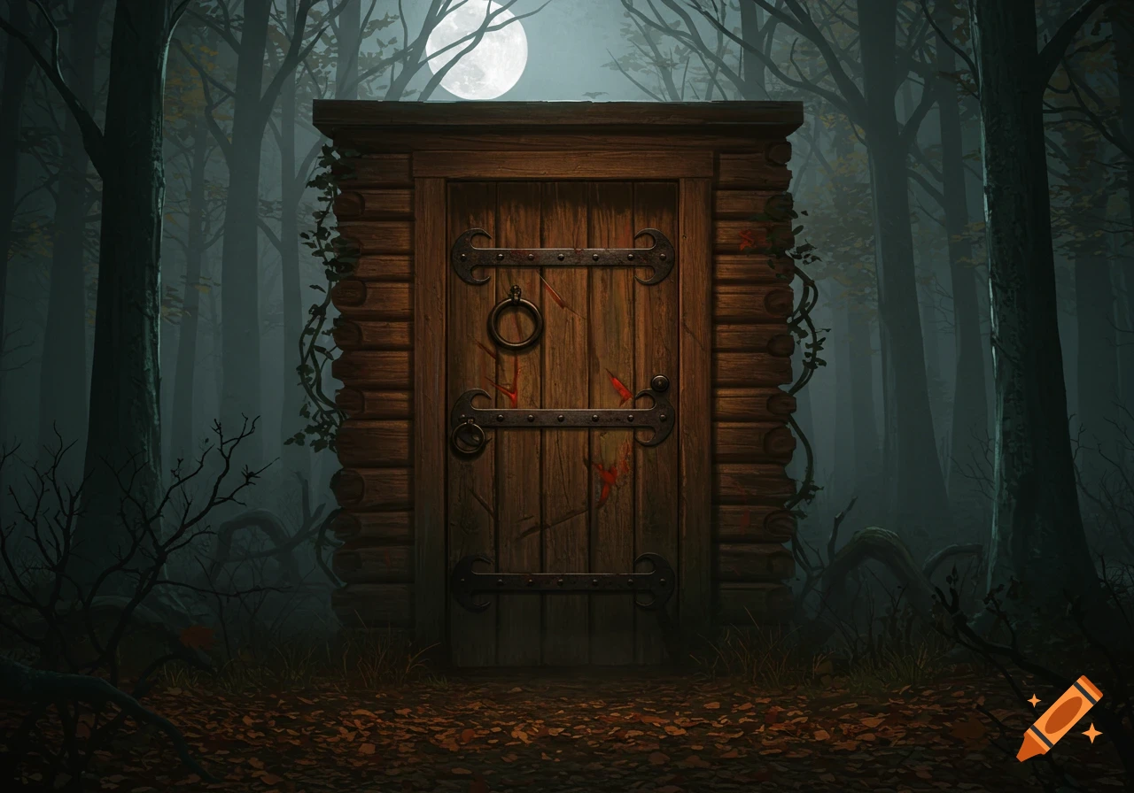 A rustic wooden door with iron hinges stands in a dark, misty forest, illuminated by a full moon. Red marks subtly stain the door.
