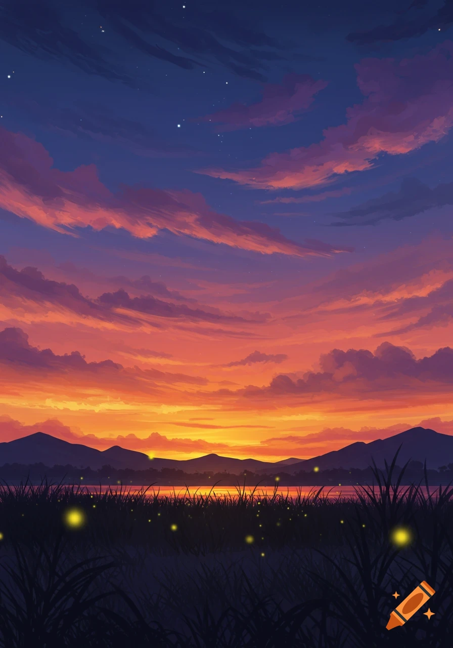 Stylized illustration of a vibrant orange and purple sunset over mountains and a lake, with glowing fireflies in the dark foreground grass.