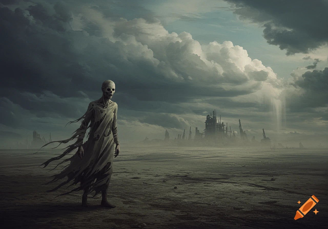 Skeletal figure in tattered clothes stands in a desolate, misty wasteland with ruined structures under a stormy sky, in a dark, surreal style.