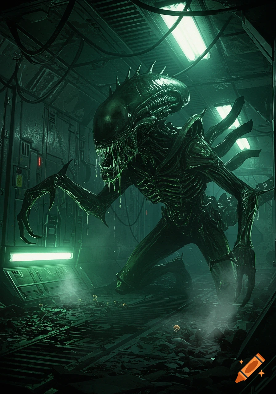 A terrifying Xenomorph creature with glowing green drool crawls through a dark, derelict spaceship corridor lit by green lights.