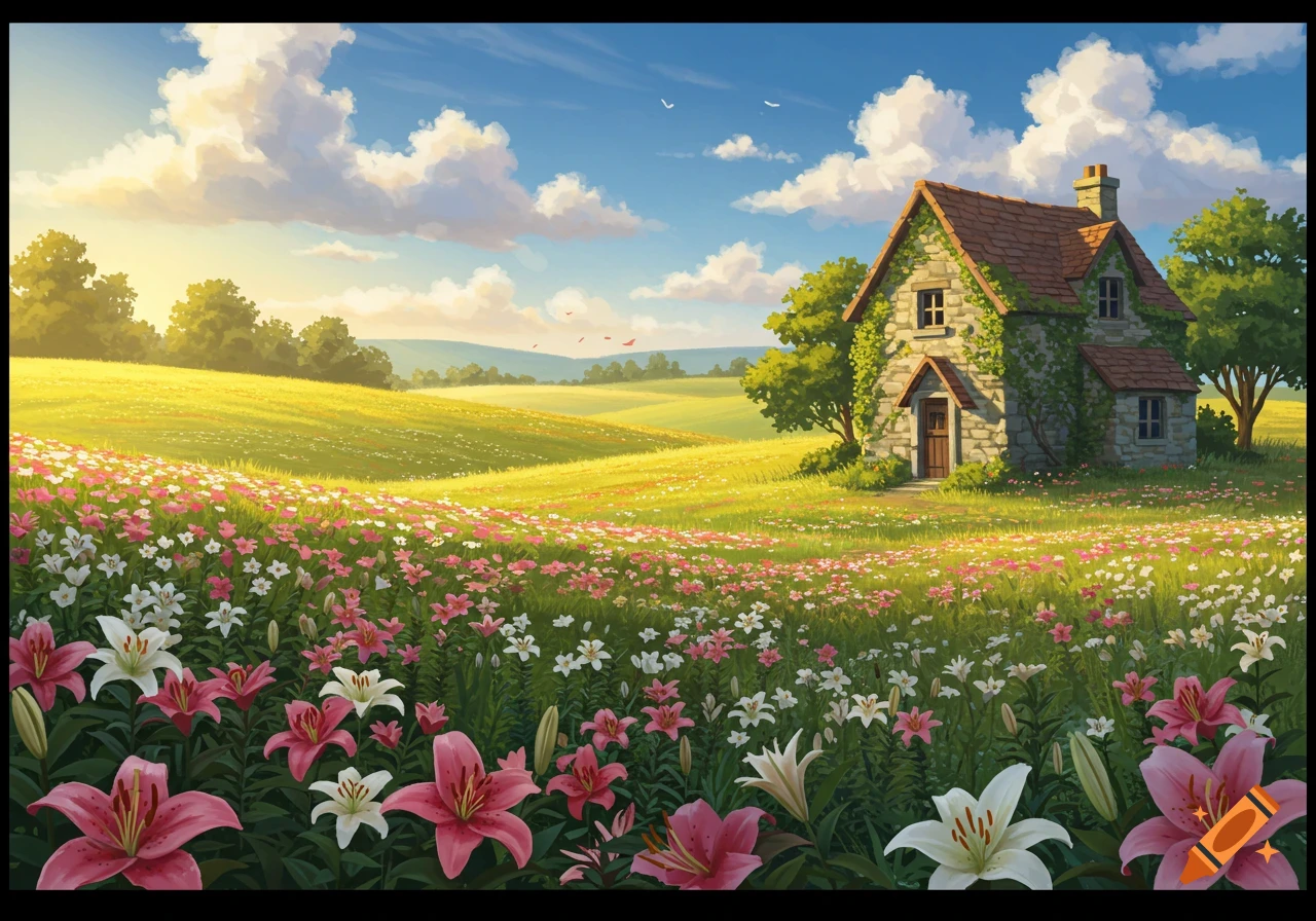 A stone cottage with a red roof stands in a vibrant green field full of pink and white lilies under a blue sky with fluffy clouds, in an illustrative style.