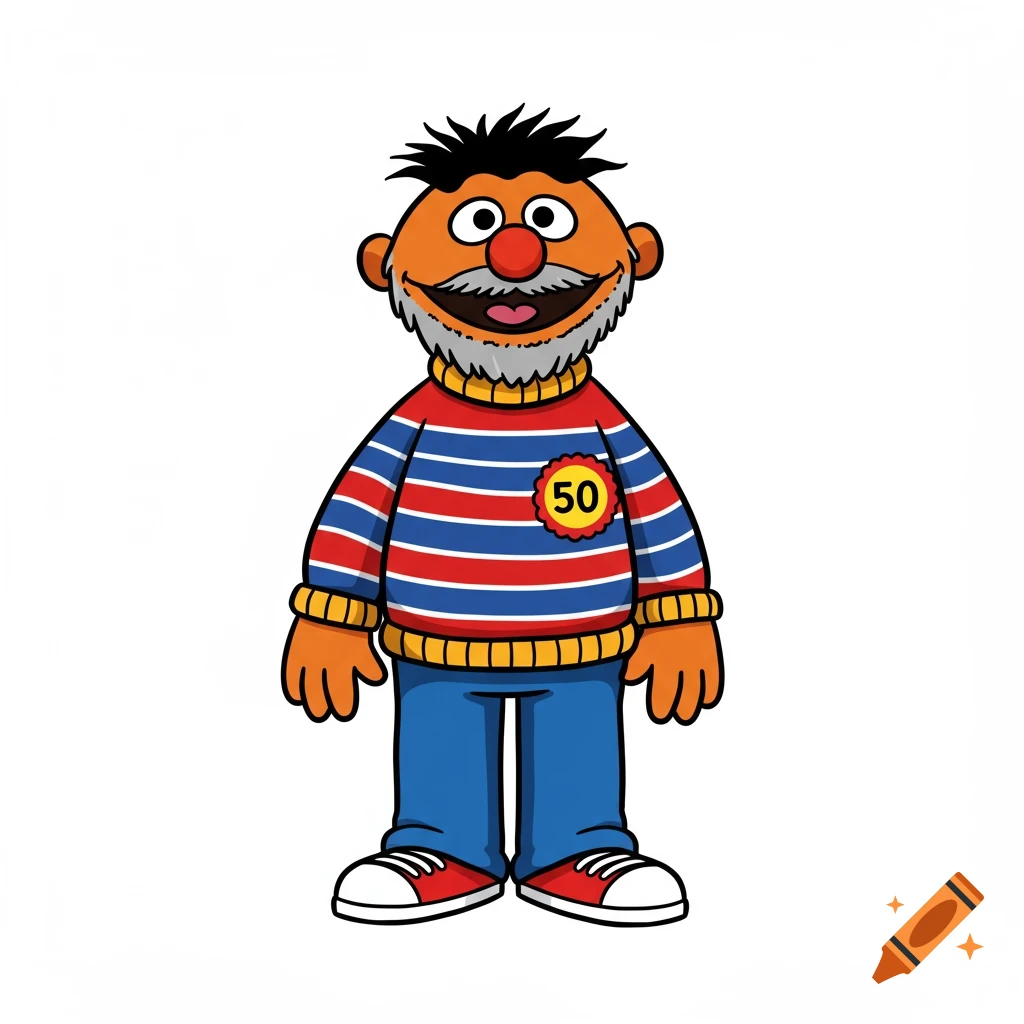 Cartoon drawing of Ernie from Sesame Street with gray hair and mustache, wearing a striped sweater with a '50' badge.