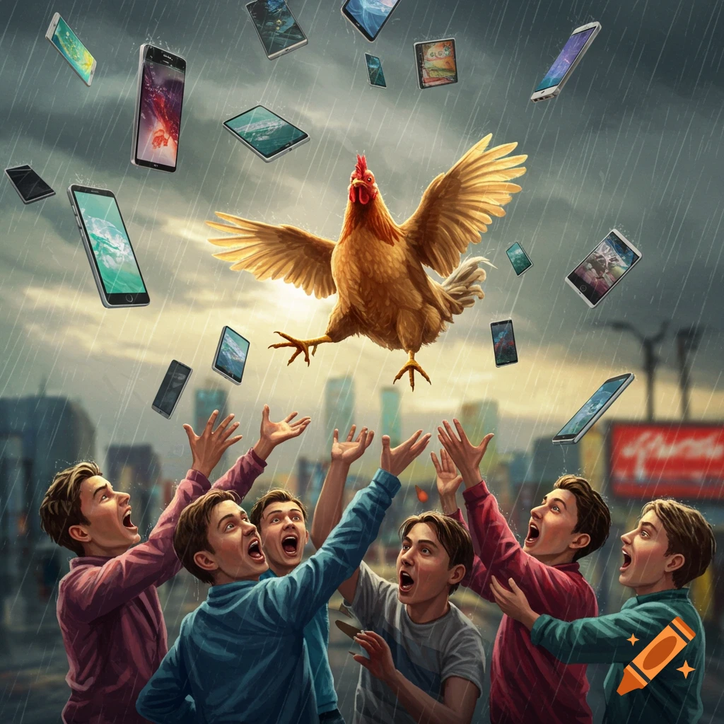 Six men look up and reach for a flying chicken as smartphones rain down on them in a surreal city scene.