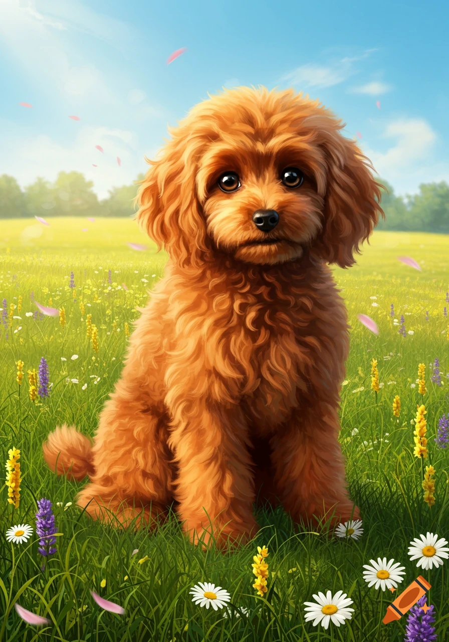 A cute fluffy red poodle sits in a vibrant green field filled with colorful flowers under a bright blue sky, in a stylized art style.