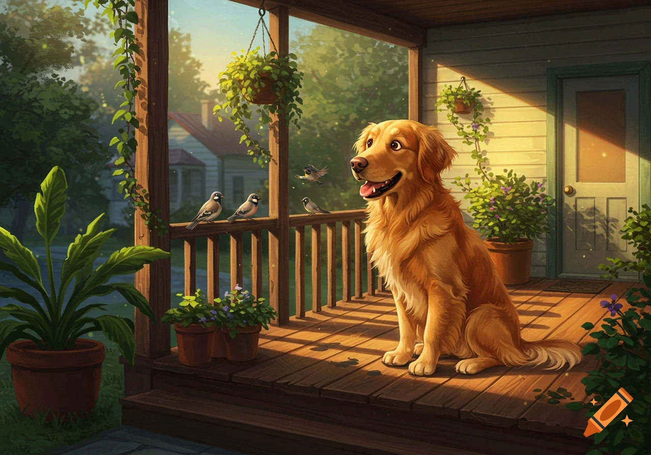 A friendly golden retriever sits on a wooden porch, looking at three sparrows on the railing. Lush greenery in an illustrative style.